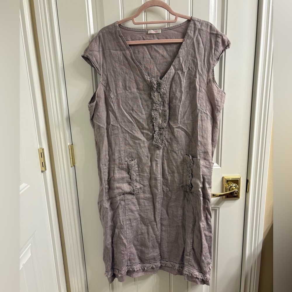 Harem Unstructured Langenlook linen dress Gray Taupe V-neck Zip Pockets XXL
